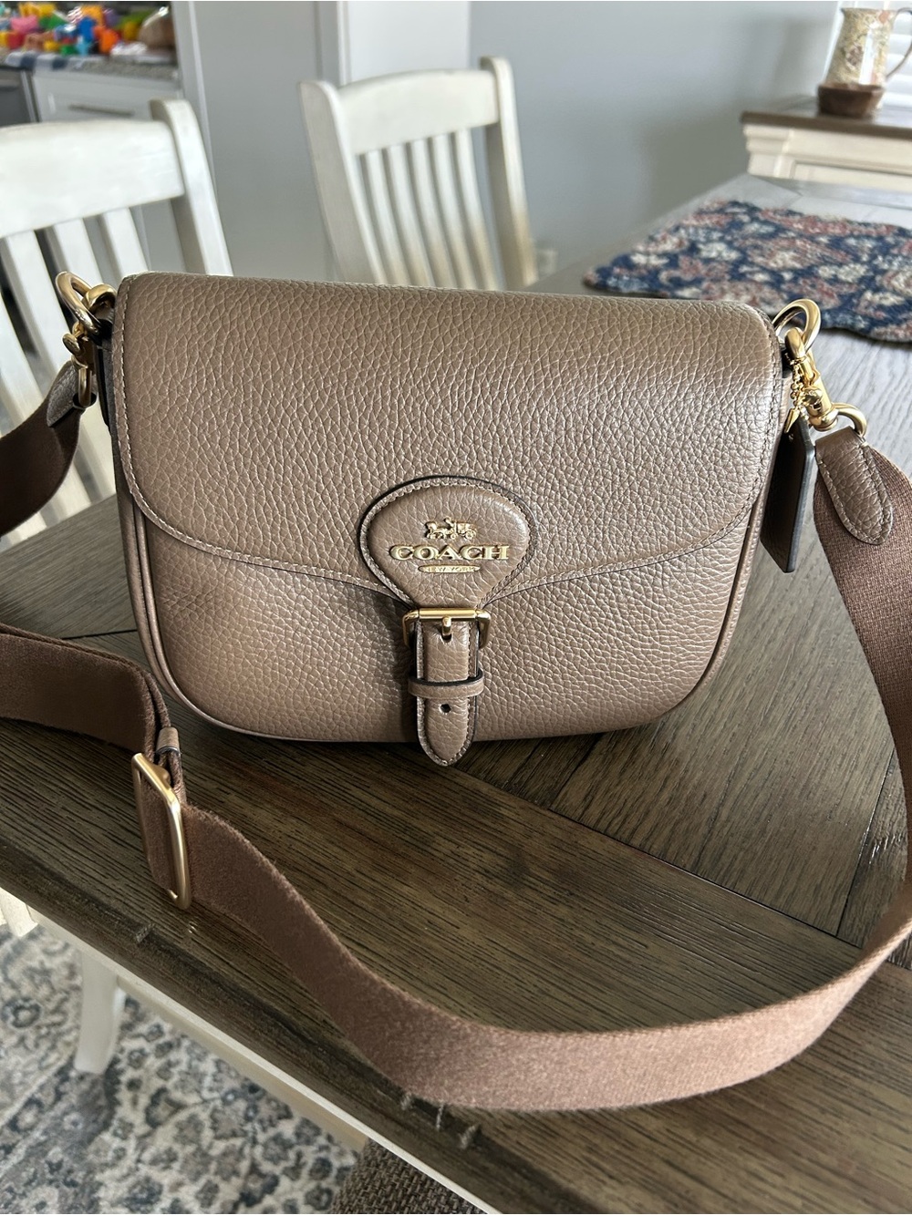 Coach Taupe Pebbled Leather Crossbody Saddle Bag with Gold Hardware